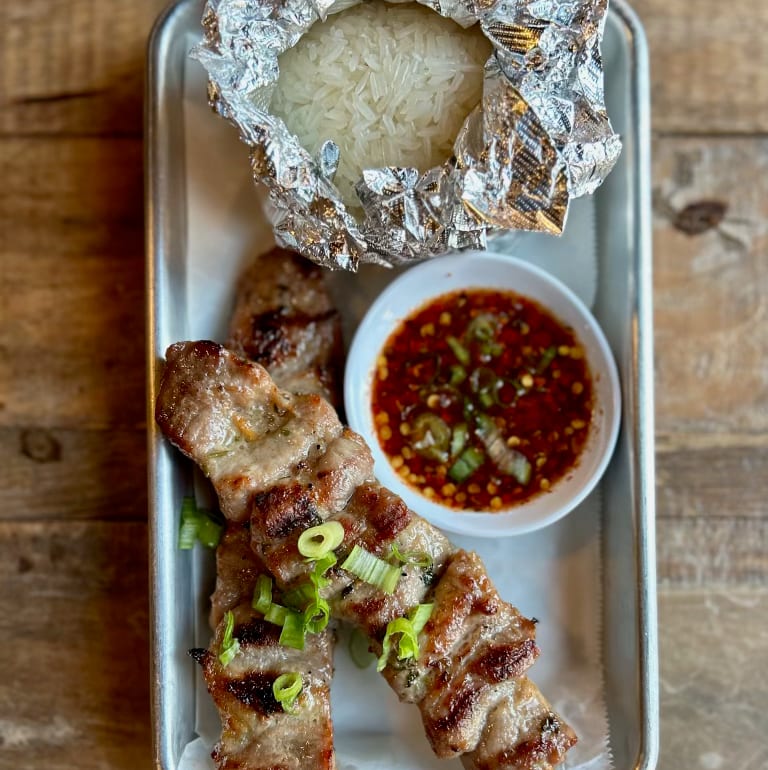 Pork Skewers W/ Sticky Rice.