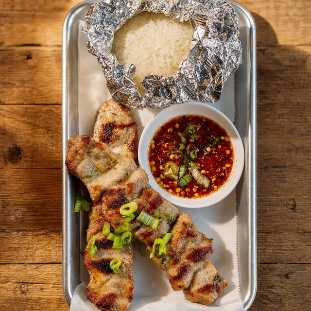 Pork Skewers W/ Sticky Rice.