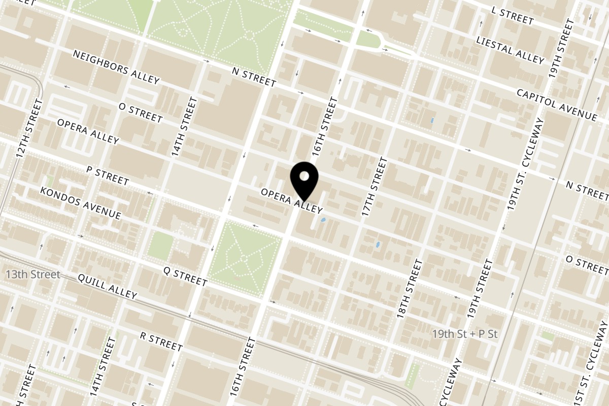 Map showing the location of Thai Canteen on 1501 16th Street in Sacramento